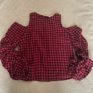 Volume Sleeve/Open Shoulder Poplin Top